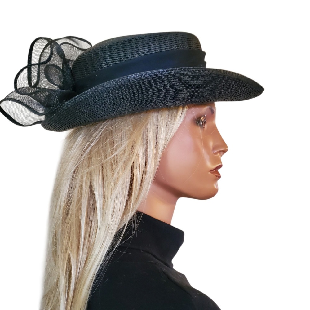 Vintage Sylvia New York Black Straw Boater Hat Mesh Bow Church Wedding Tea Party